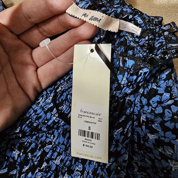 Mi Ami Francesca’s Black Blue Lucy Smocked Floral Ruffle Dress S NWT - Picture 7 of 14